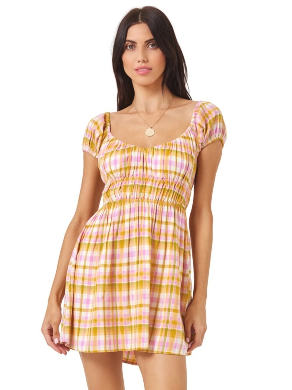 NWT L*SPACE Plaid Belle Mini Dress Size XL Open Back Lace Up Linen Blend